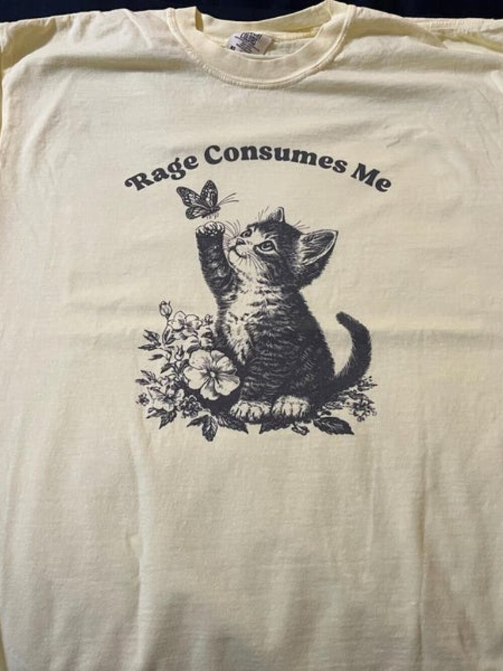 Rage Consumes Me Kitten Graphic Tee white Cat Butterfly T-Shirt